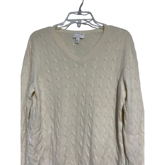 Cashmere Petite Women's Sweater Pullover V-Neck Cable Knit Tan Size PL - Picture 2 of 4